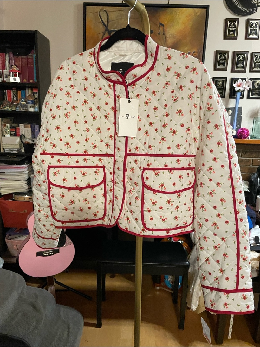7 For All Mankind NEW Ivory Quilted Floral Utility Jacket with Burgundy Trim - Picture 3 of 6